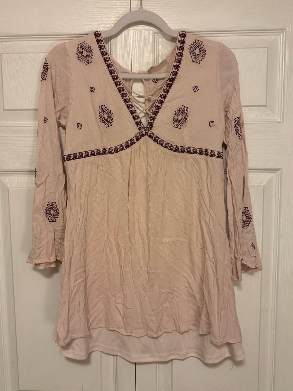 Boho Blush Embroidered Lace-Up Mini Dress
